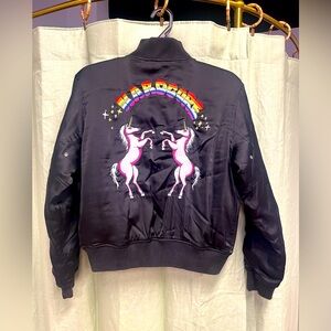 Rare UNIF “Hardcore” unicorn satin bomber jacket